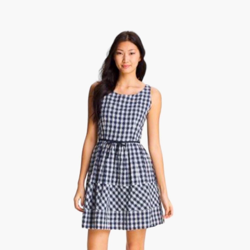 Taylor Navy Blue Gingham Check Fit Flare Sleeveless Women 12 Dress